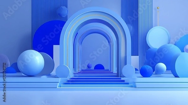 Fototapeta 3d rendering of blue abstract geometric background. Scene for advertising, technology, showcase, banner, game, sport, cosmetic, business, metaverse. Sci-Fi Illustration. Product display