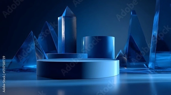 Fototapeta 3d rendering of blue abstract geometric background. Scene for advertising, technology, showcase, banner, game, sport, cosmetic, business, metaverse. Sci-Fi Illustration. Product display