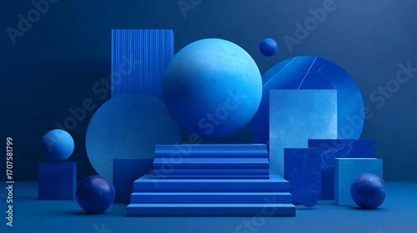 Fototapeta 3d rendering of blue abstract geometric background. Scene for advertising, technology, showcase, banner, game, sport, cosmetic, business, metaverse. Sci-Fi Illustration. Product display