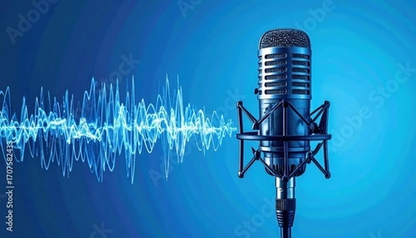 Fototapeta A vintage-style microphone stands against a vivid blue backdrop, with abstract sound waves visualized to its left