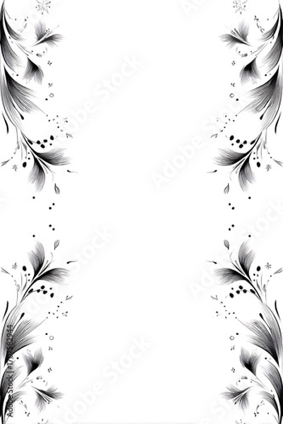 Fototapeta Elegant symmetrical decorative scroll vector with simple black lines on white background featuring two small floral accents, minimalist 2D design, refined curves
