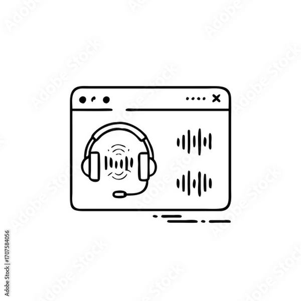 Fototapeta Vector art of online voice assistant on website modern vector illustration of a headset and sound waves on a computer screen