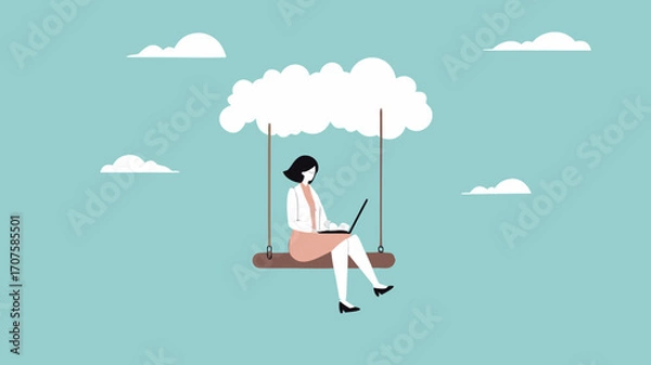 Obraz cloud computing on corporate infrastructure, remote work or work from home, technology to connect humans to complete work, woman working using laptop sitting on cloud swing concept illustration