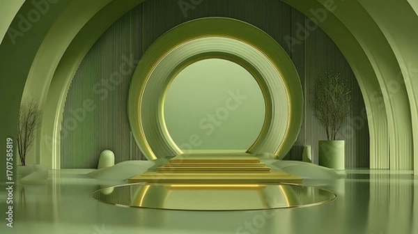 Fototapeta 3d rendering of green abstract geometric background. Scene for advertising, technology, showcase, banner, game, sport, cosmetic, business, metaverse. Sci-Fi Illustration. Product display
