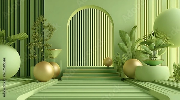 Fototapeta 3d rendering of green abstract geometric background. Scene for advertising, technology, showcase, banner, game, sport, cosmetic, business, metaverse. Sci-Fi Illustration. Product display