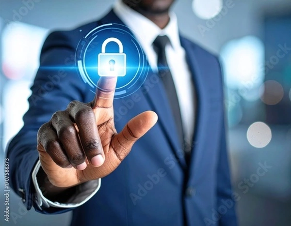 Fototapeta A dark-skinned professional in a suit interacts with a glowing, touch-sensitive lock graphic against a blurred, bokeh background