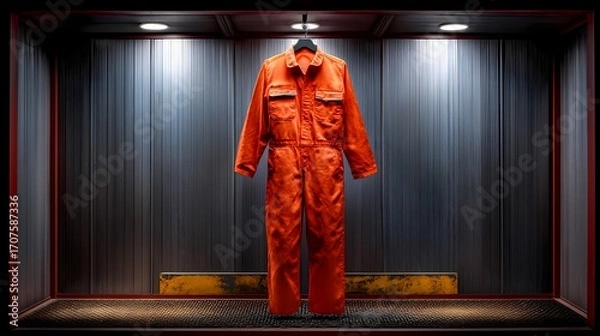 Fototapeta Orange Utility Jumpsuit Hanging in Modern Display with Dramatic Lighting