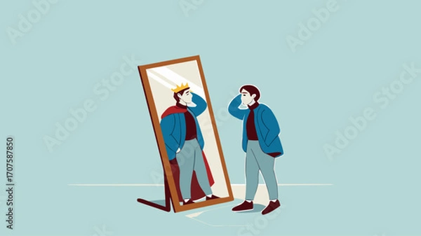 Obraz Illustration of a businessman looking in the mirror with the image of himself being a king suitable for describing leadership, confident, know yourself flat design vector illustration