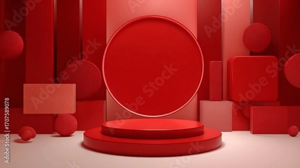 Fototapeta 3d rendering of red abstract geometric background. Scene for advertising, technology, showcase, banner, game, sport, cosmetic, business, metaverse. Sci-Fi Illustration. Product display