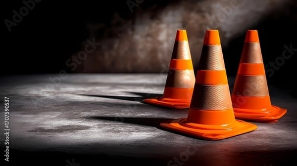 Fototapeta Orange Traffic Cones on Dark Background with Creative Lighting Effect
