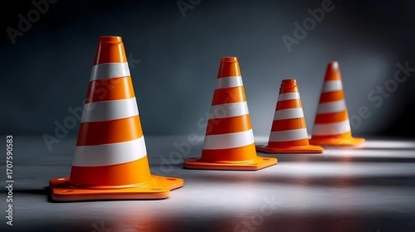 Fototapeta Construction Safety Cones in a Row on a Dark Background