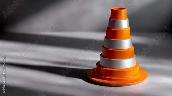 Fototapeta Colorful Traffic Cone Set with Shiny Silver Bands on Gray Surface