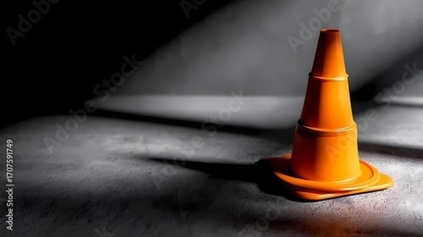 Fototapeta Bright Orange Traffic Cone on Gray Surface in Low Light Environment