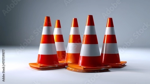 Fototapeta Group of Traffic Cones on a Smooth Surface, Alert Safety Equipment