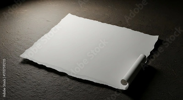 Fototapeta A blank, ripped piece of paper rests on a dark surface, illuminated by a light source.