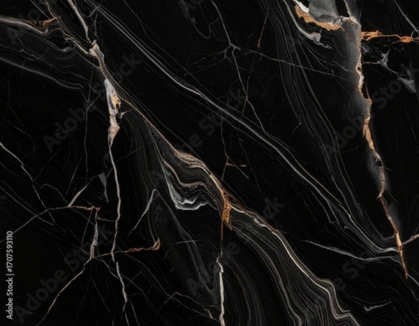 Obraz A luxurious black marble texture with intricate white, grey, and gold veins. This elegant natural stone background is perfect for sophisticated interior design.