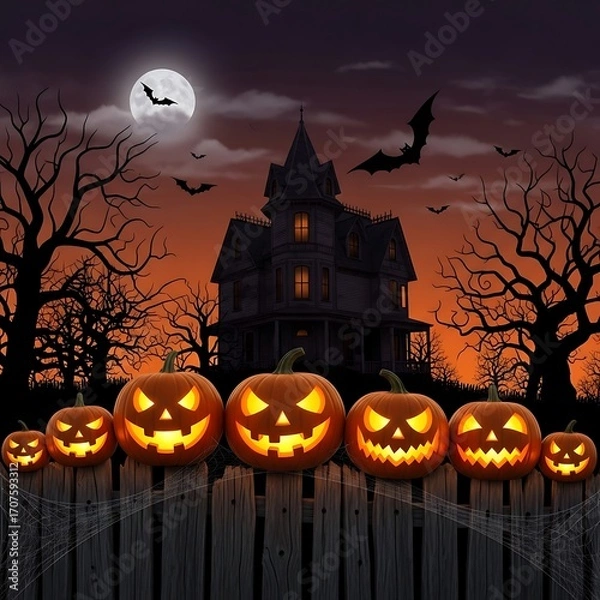 Fototapeta A spooky Halloween scene featuring glowing jack-o'-lanterns lined up against a rustic wooden fence, set against a backdrop of a dark, old house and an eerie twilight sky.