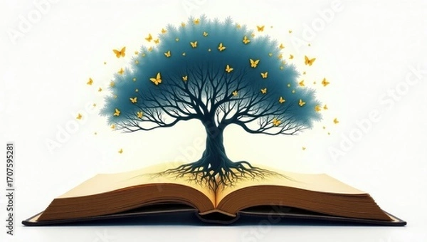 Obraz Magical tree of knowledge growing from an open book with butterflies