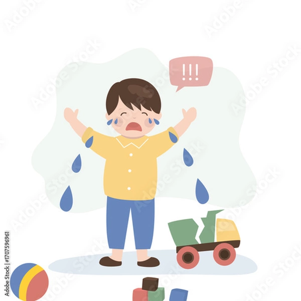 Fototapeta Unhappy child cries sadly and whines in a bad mood. Crying boy sobs in tears from broken truck toy, Children's problem, negative emotions. Preschooler on a white background.