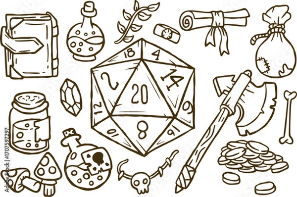 Fototapeta DND set with dice, magic potion, book, axe. Colorful fantasy items for roleplay adventure. D20 fantasy roleplay adventure collection.