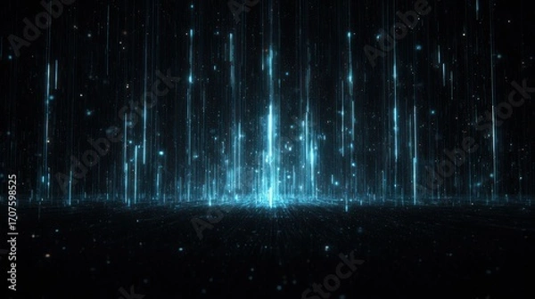 Fototapeta Abstract blue light streaks and particles rain down from above, illuminating a textured dark surface. Ethereal, digital, and mesmerizing visual