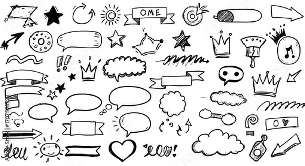 Fototapeta Fun doodle sketch elements, speech bubbles, crowns, arrows, stars for creative projects and designs