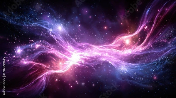 Fototapeta A vibrant, colorful cosmic scene features swirling nebulae in shades of purple, pink, and blue, dotted with distant stars and shining light patches