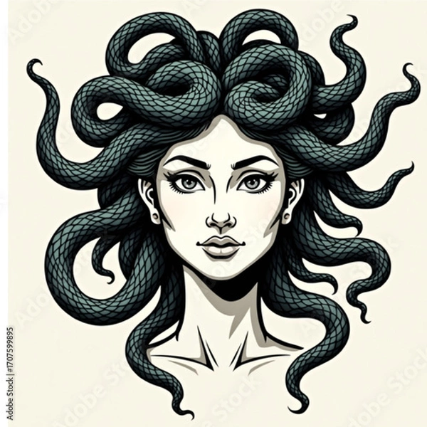 Fototapeta Medusa Illustration: An artistic illustration of the infamous Medusa, showcasing her iconic serpent hair and captivating gaze, evoking a sense of ancient mythology and power.