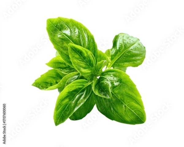 Fototapeta Bright green basil leaves arranged against a stark white background, highlighting the herb's fresh, vibrant color and delicate texture