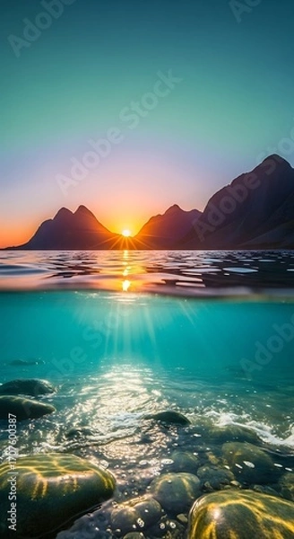 Obraz Serene sunset over a tranquil lake, with vibrant colors reflected in the crystal-clear water, showcasing a captivating underwater view.