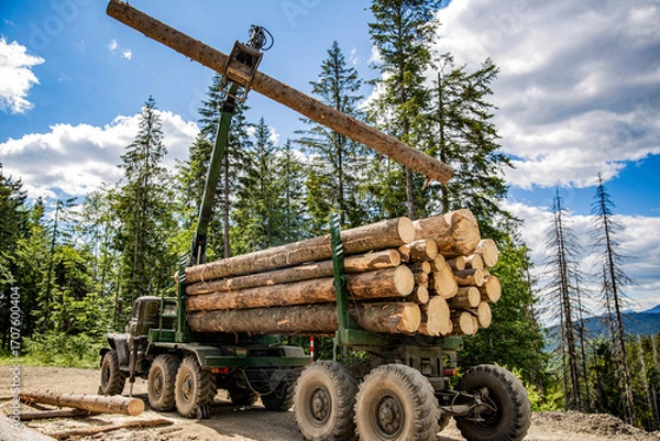 Fototapeta Forest industry. Truck loading wood in the forest. Loading logs onto a logging truck. Portable crane on a logging truck. Forestry tractors, trucks and loggers machinery. Felling of trees, cut trees
