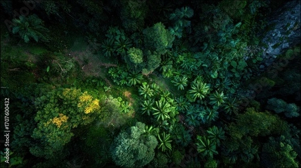 Fototapeta Aerial view of lush, green forest canopy with a narrow trail winding through dense vegetation, shadowed by towering trees and bright sunlight
