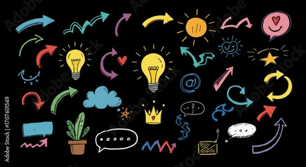 Obraz Colorful sketched arrows and ideas for business success, brainstorming, and creative concepts