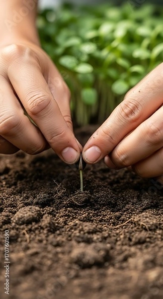 Obraz Hands carefully place a seedling into the dark, fertile soil, surrounded by a field of emerging plants.
