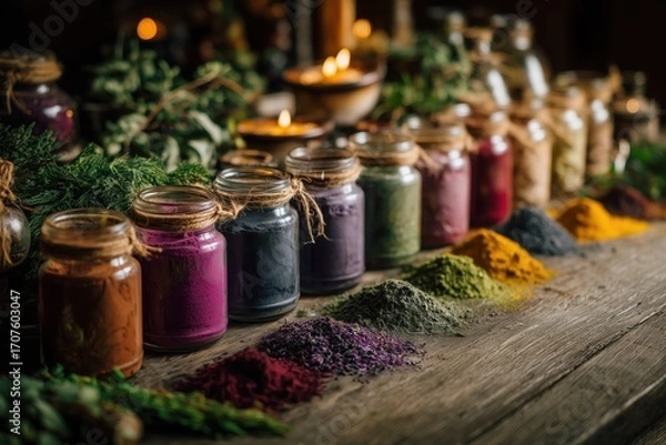 Fototapeta Colorful Powders And Herbs In Glass Jars On A Wooden Surface