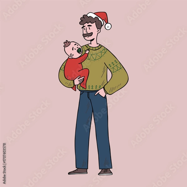 Fototapeta Father holding a baby in his arms. Christmas mood. Suitable for postcards, Advent calendars, and New Year's themes