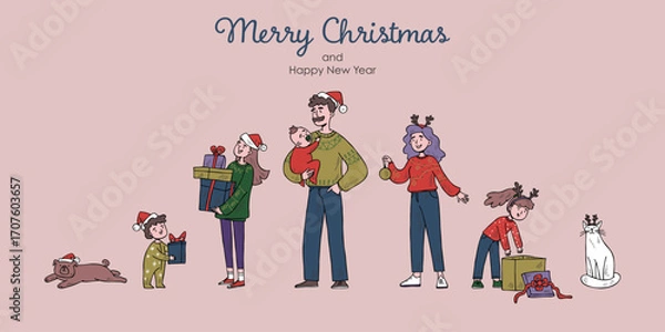 Fototapeta The family in Christmas sweaters and accessories. Good for patterns, cards and advent calendars