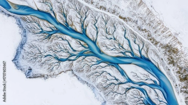 Fototapeta Aerial view of a glacial river system winding through a snow-covered plain, forming an intricate, branching pattern resembling veins or tree roots