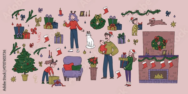Fototapeta Family in Christmas sweaters and accessories with the set of Christmas indoor decorations. Great for patterns, greeting cards, and advent calendars