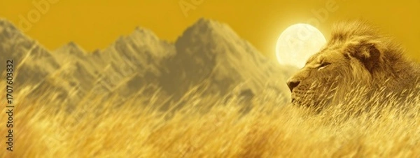 Fototapeta A regal lion rests peacefully in golden grasses beneath the sun or moon, with majestic mountains in the hazy background