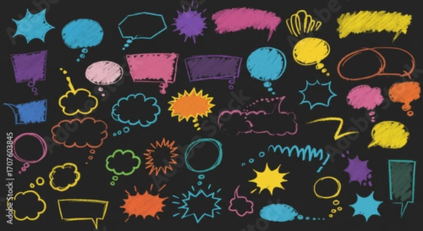 Fototapeta Illustration of collection of colorful handdrawn speech bubbles on a