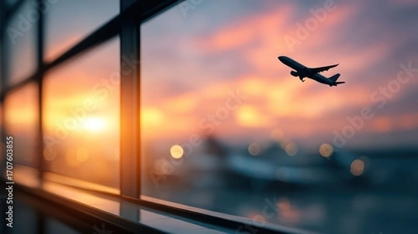 Fototapeta Airplane taking off seen through airport windows at sunset. Golden light reflects. Another plane sits on the ground in blurred background