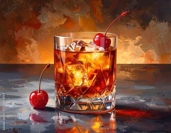 Fototapeta A detailed view of a whiskey cocktail glass filled with ice and a red cherry garnish, presented against a backdrop of colorful abstract art.