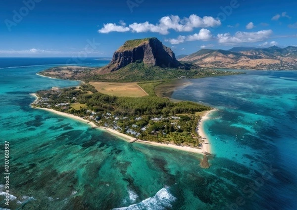 Fototapeta A stunning aerial view of a mountainous island with turquoise waters meeting a sandy shore under a sunny sky