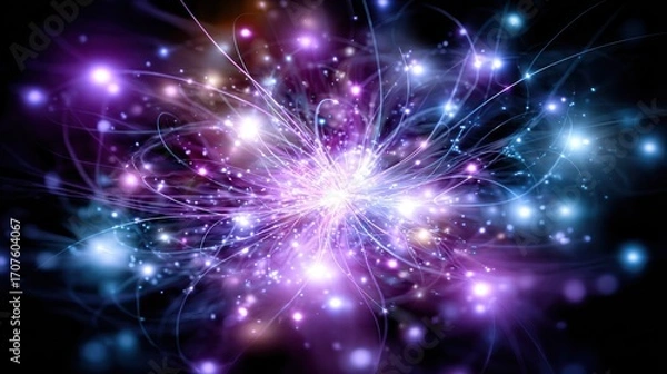 Fototapeta A burst of ethereal light radiates outwards in curved strands, amidst swirling purple and blue hues set against a dark background