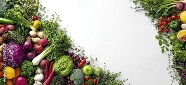 Fototapeta A colorful variety of fresh vegetables and herbs borders a bright white background, creating a vibrant and healthy frame