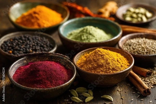 Fototapeta Colorful Spice Collection In Clay Bowls
