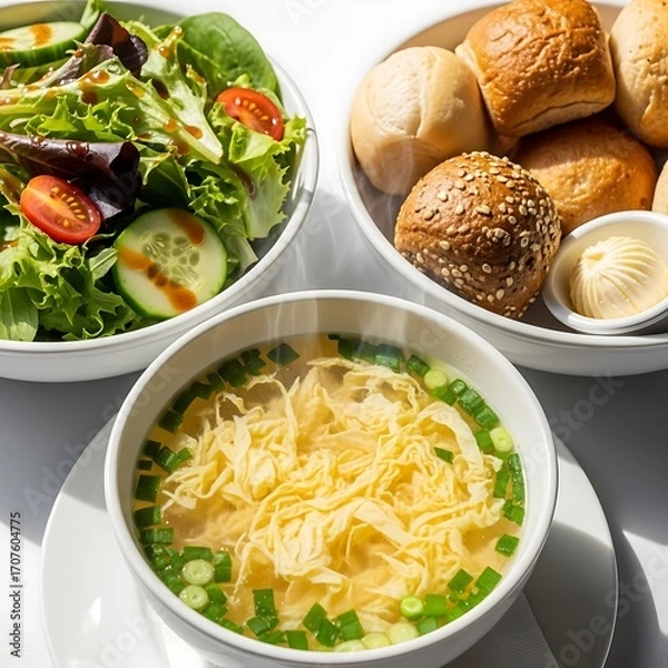 Fototapeta A wholesome meal presentation features a light and flavorful soup, a refreshing salad, and warm, crusty rolls.