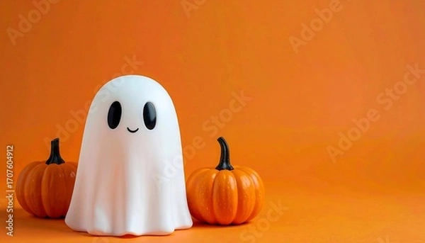 Fototapeta Friendly Halloween Ghost with Pumpkins:  A cheerful, minimalist autumnal scene featuring a cute ghost figurine flanked by miniature pumpkins against a vibrant o
