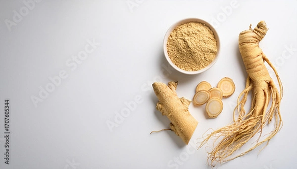 Fototapeta “Fresh Ginseng Roots and Textures – Hyper-Realistic Ingredient Photography”
